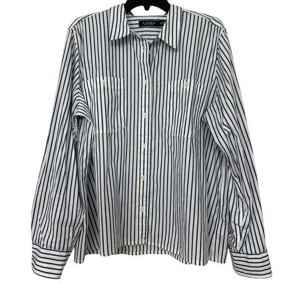 Lauren Ralph Lauren Navy White Striped Button Down Shirt Women’s Classic Fit XXL - Picture 1 of 12